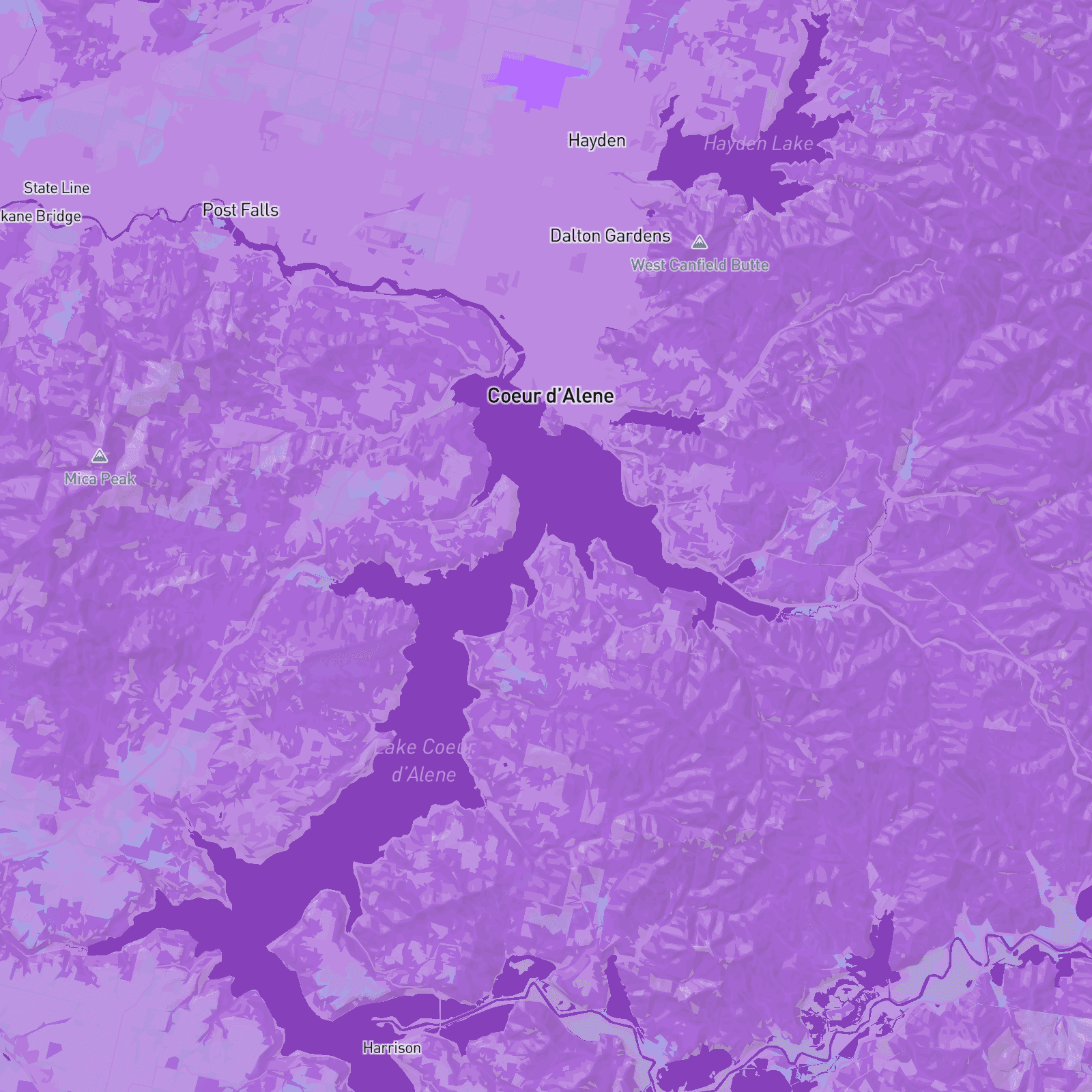 Coverage map of our service area — Lake Coeur d'Alene, Hayden Lake and the Spokane River in North Idaho